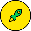 grüne nach rechts oben aufsteigende Rakete auf gelber Kreisfläche