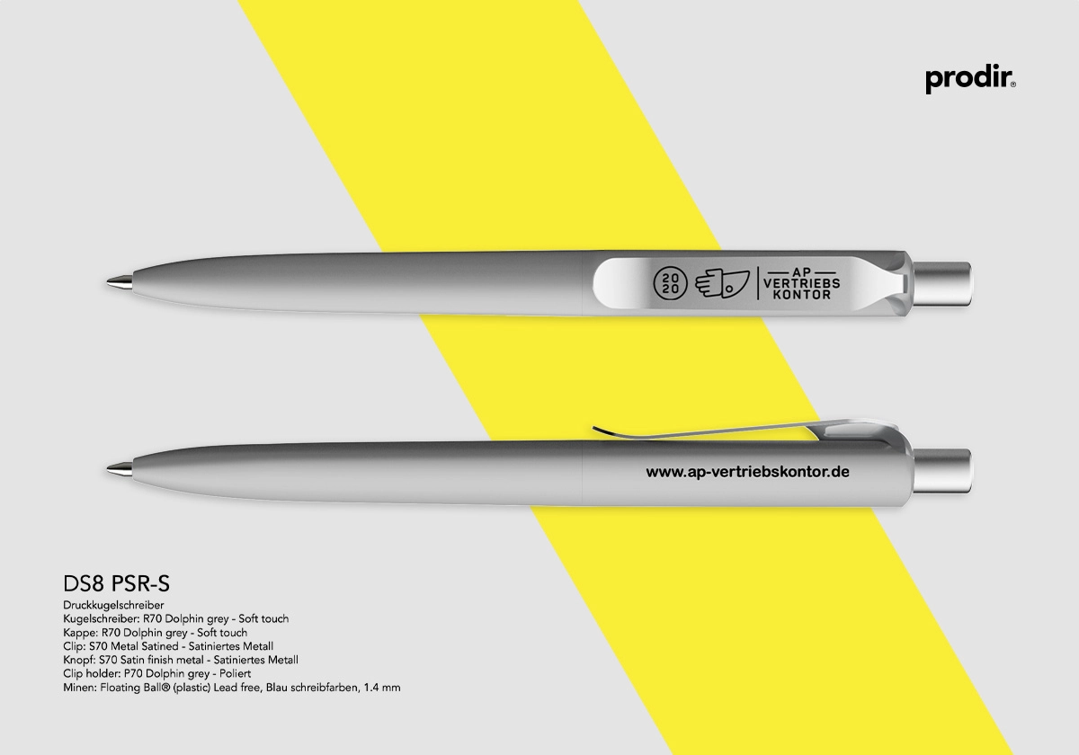 grauer Prodir-Kugelschreiber mit Logo vom AP-Vertriebskontor auf Metall-Clip