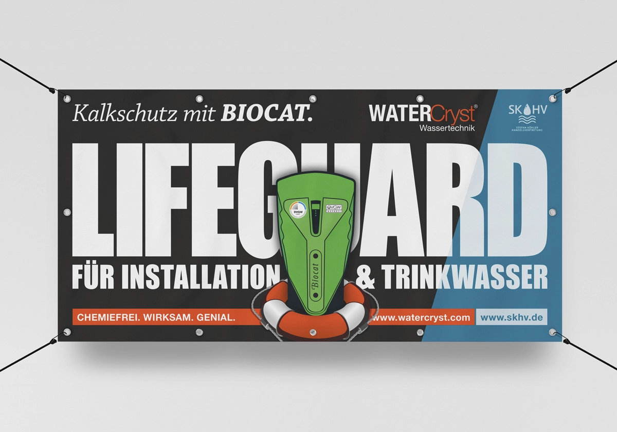 Werbebanner mit dem Titel "Lifeguard für Installation & Trinkwasser" und stilisiertem BIOCAT KS 3000 Kalkschutzgerät