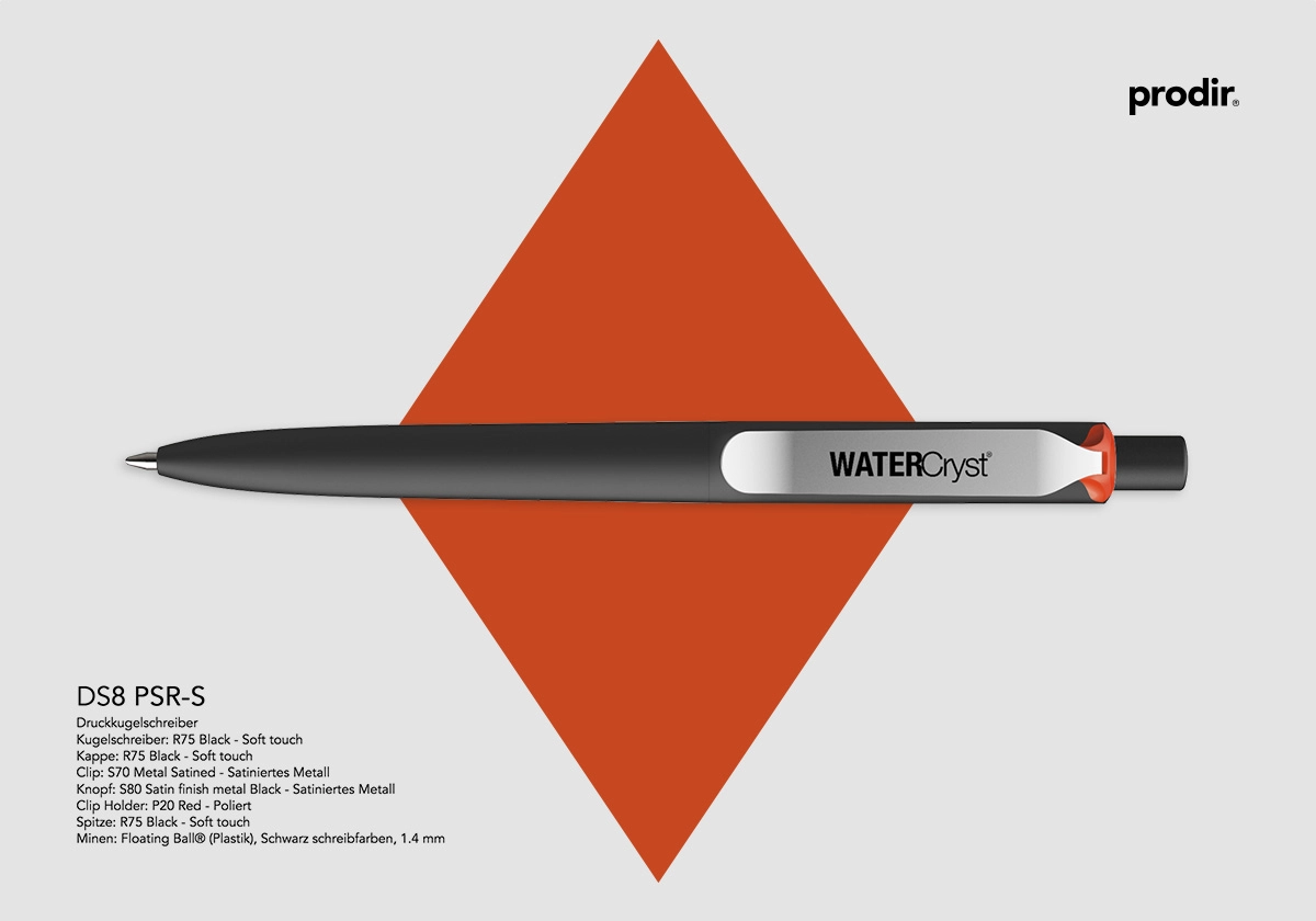 mehrfarbiger Prodir-Kugelschreiber für WATERCryst Wassertechnik mit Logo auf Clip